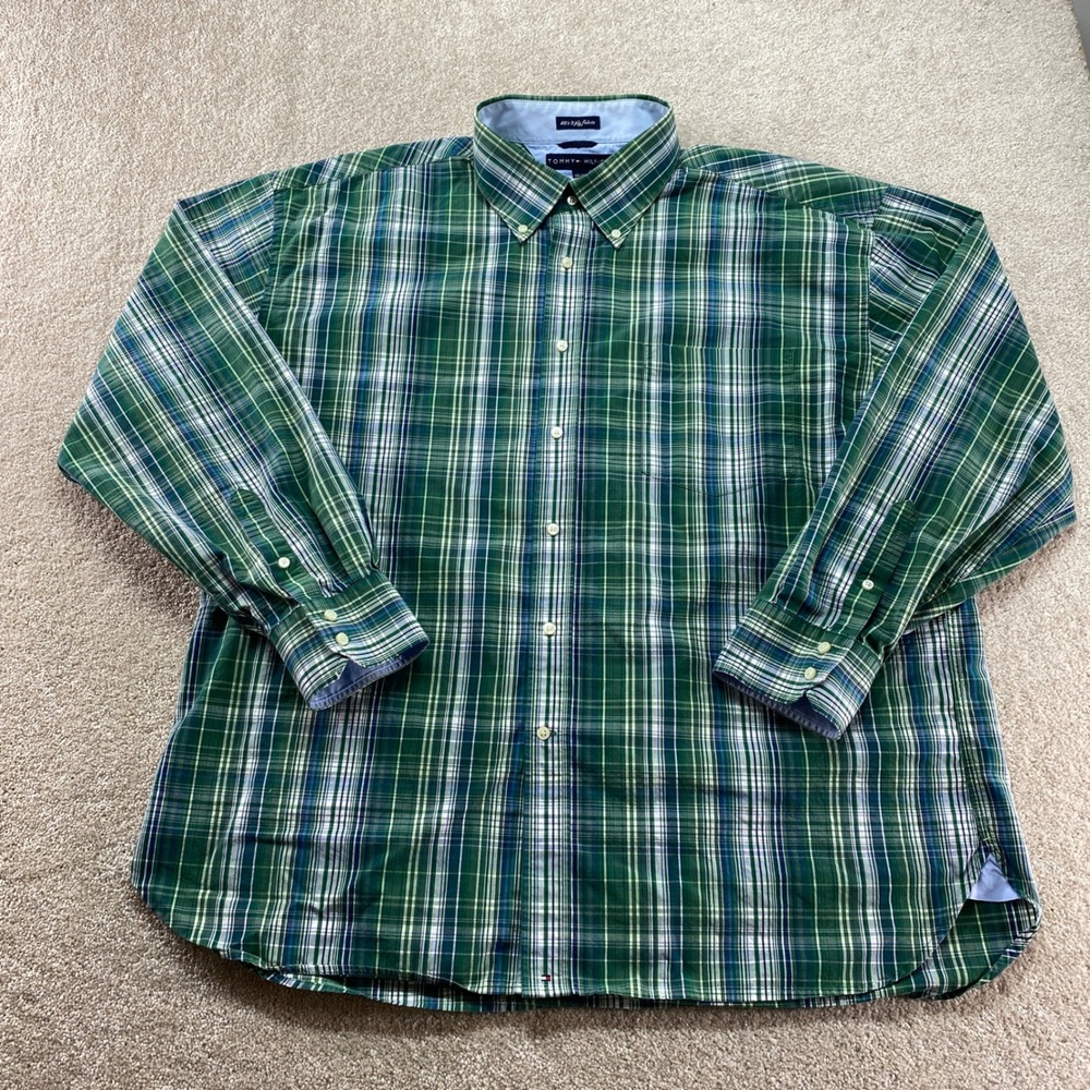 Tommy Hilfiger‎ Button Down Shirt Mens XXL Plaid 80s 2-Ply Cotton Long Sleeve
